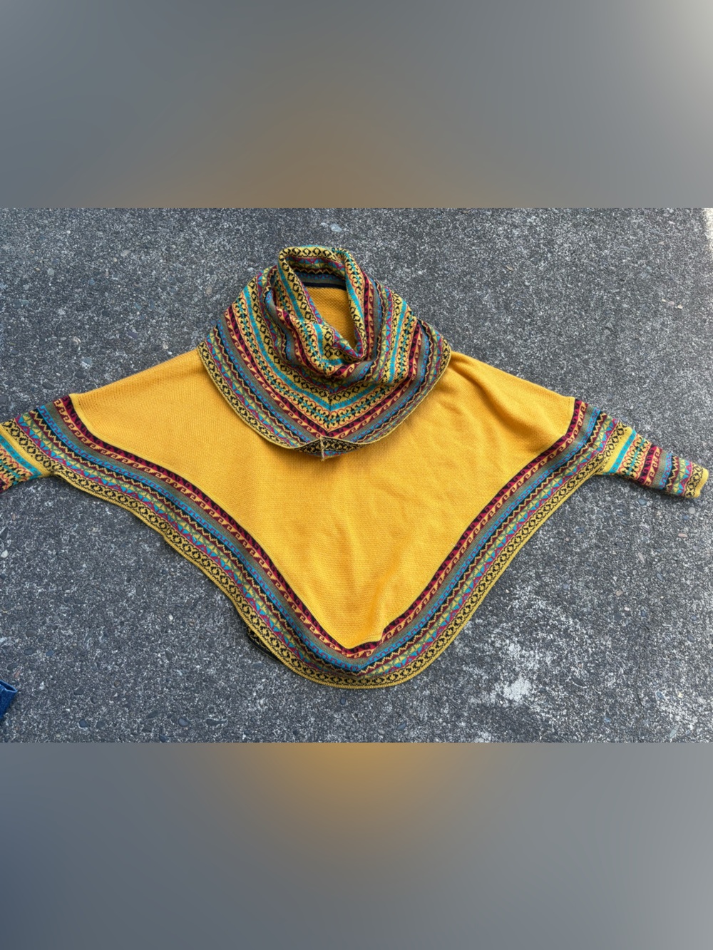 Mustard Yellow Knit Poncho Sweater with Multicolor Trim
